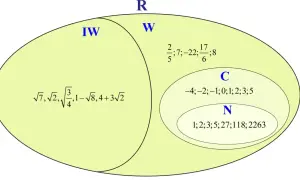 Diagram zbiorów liczb rzeczywistych (R) z podziałem na liczby niewymierne (IW) i wymierne (W), zawierający przykłady liczb.
