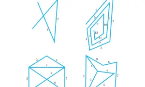 Cztery schematyczne rysunki niebieskich figur geometrycznych z numerami.