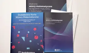 Trzy okładki materiałów edukacyjnych z matematyki na maturę, z grafikami i tytułami.