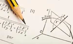 Ołówek na papierze z równaniami matematycznymi i rysunkiem geometrycznym.