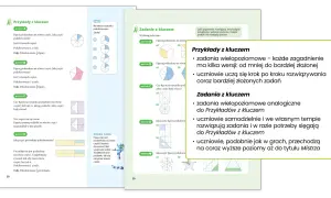 Ilustracja przedstawia strony z podręcznika matematyki z przykładami i zadaniami dotyczącymi ułamków i figur geometrycznych.