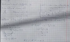 Ręcznie pisane równania matematyczne i wykres paraboli na kratkowanym papierze.