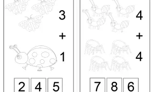 Ilustracja z zadaniami matematycznymi dla dzieci: biedronka i motyle po lewej, mrówki i pająki po prawej.