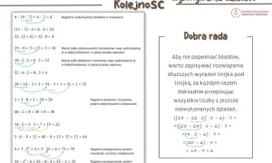 Matematyczne przykłady kolejności wykonywania działań z nawiasami i podpowiedzi.