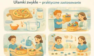 Ilustracja przedstawia dzieci i dorosłych używających ułamków w kuchni i ogrodzie, np. przy krojeniu pizzy, odmierzaniu składników i sadzeniu roślin.