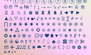 Zbiór symboli matematycznych i graficznych, w tym cyfry, strzałki, figury geometryczne, symbole religijne i inne.