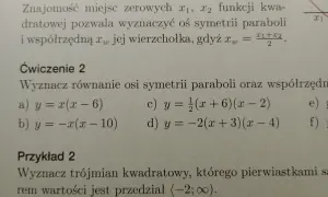 Fragment tekstu matematycznego z równaniami i wykresem paraboli.