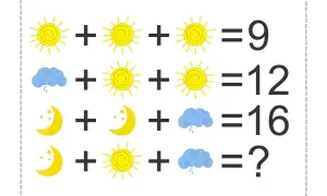 Matematyczne łamigłówki z słońcem, chmurką i księżycem dla dzieci.