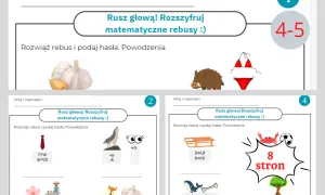 Grafika przedstawia matematyczne rebusy dla dzieci z elementami takimi jak czosnek, dzik, krawat, wilk, sanie, wieloryb i drzewo.