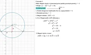 Okrąg z zaznaczonym środkiem S(2,0), promieniem r=4, cięciwą AB i prostą y=-2.