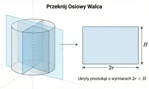 Przekrój osiowy walca jako prostokąt o bokach 2r i H.