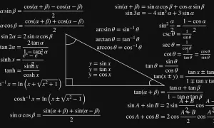 Matematyczne wzory trygonometryczne i hiperboliczne na czarnym tle, z zaznaczonym trójkątem prostokątnym.