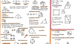Rysunki geometryczne z wzorami i definicjami dotyczącymi planimetrii i stereometrii.