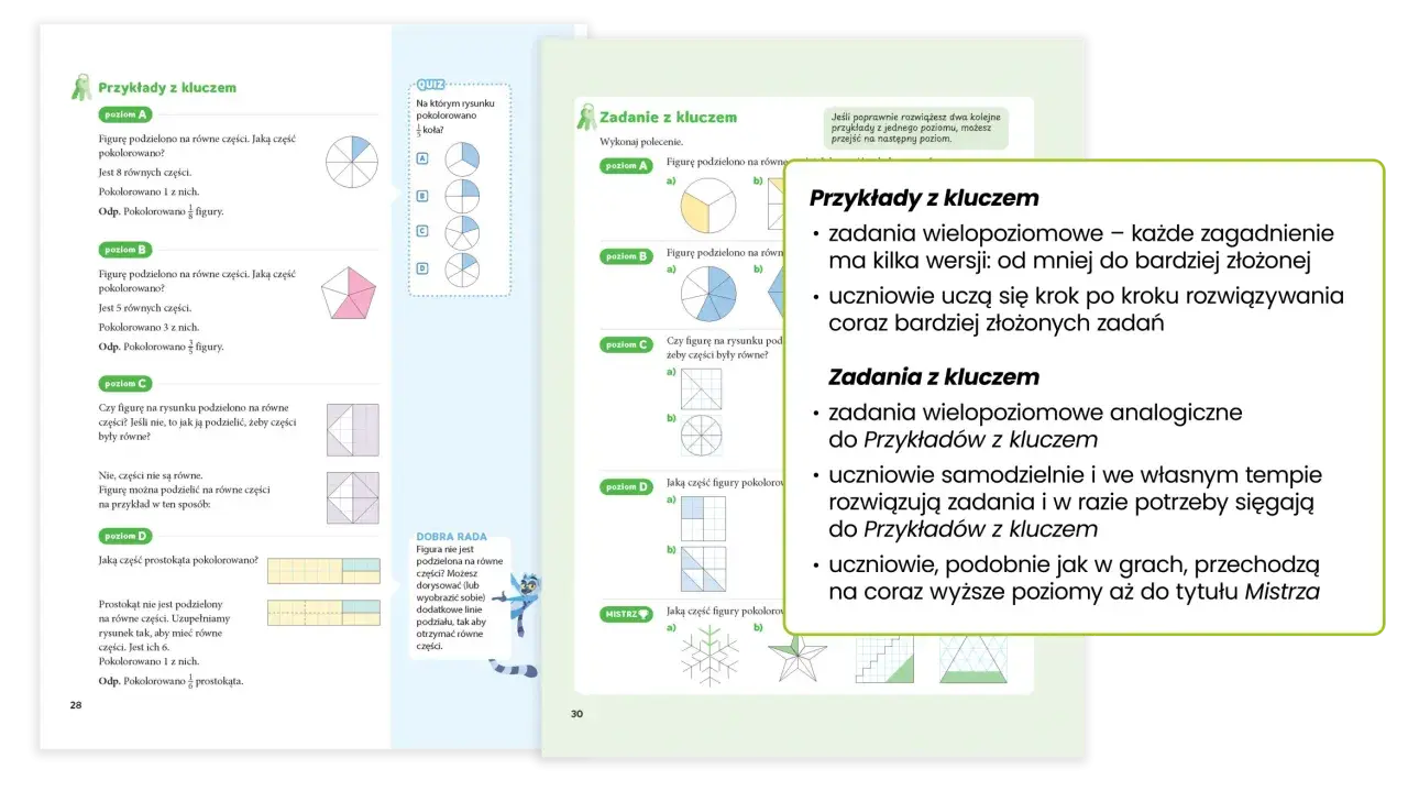 Ilustracja przedstawia strony z podręcznika matematyki z przykładami i zadaniami dotyczącymi ułamków i figur geometrycznych.