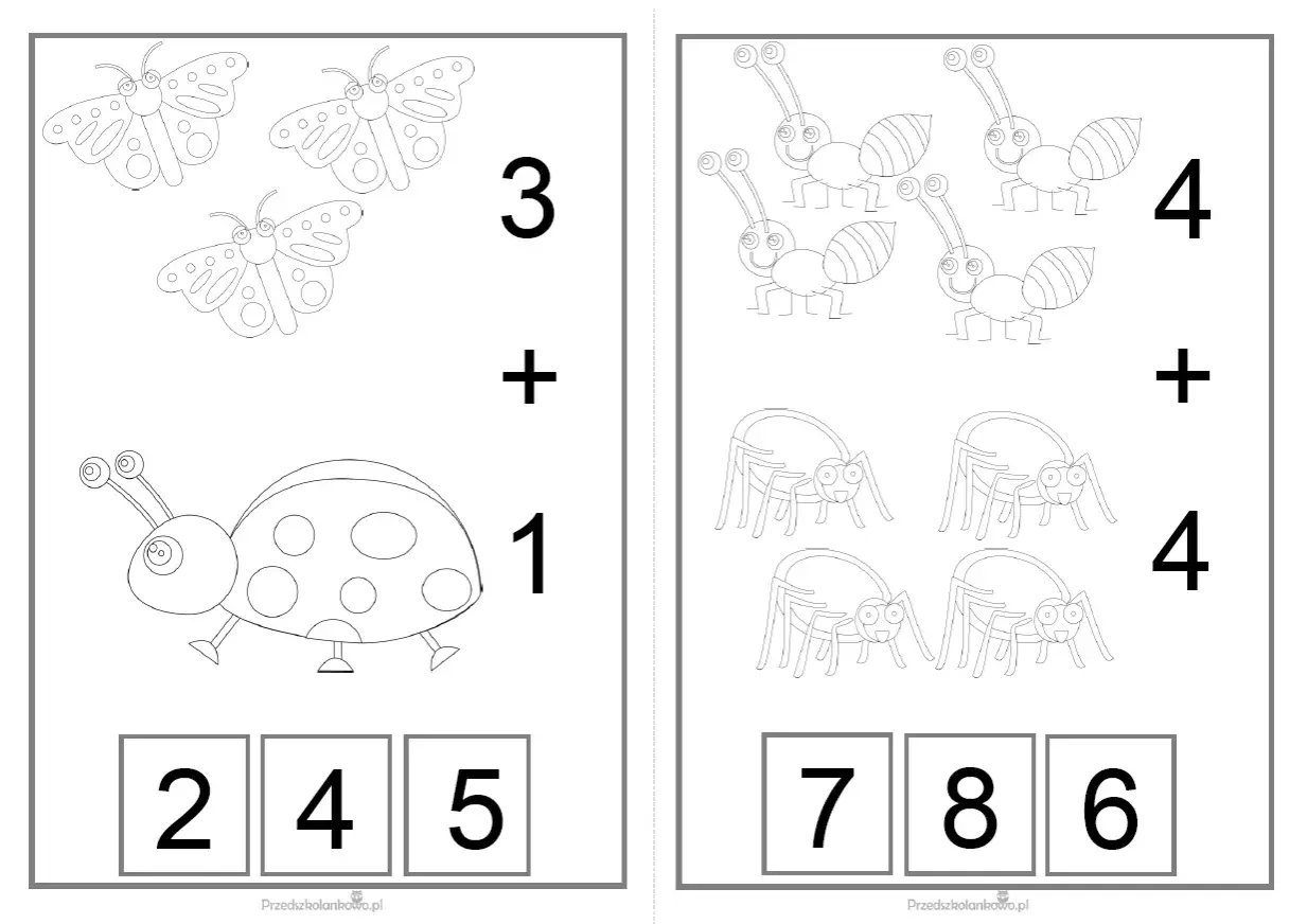Ilustracja z zadaniami matematycznymi dla dzieci: biedronka i motyle po lewej, mrówki i pająki po prawej.