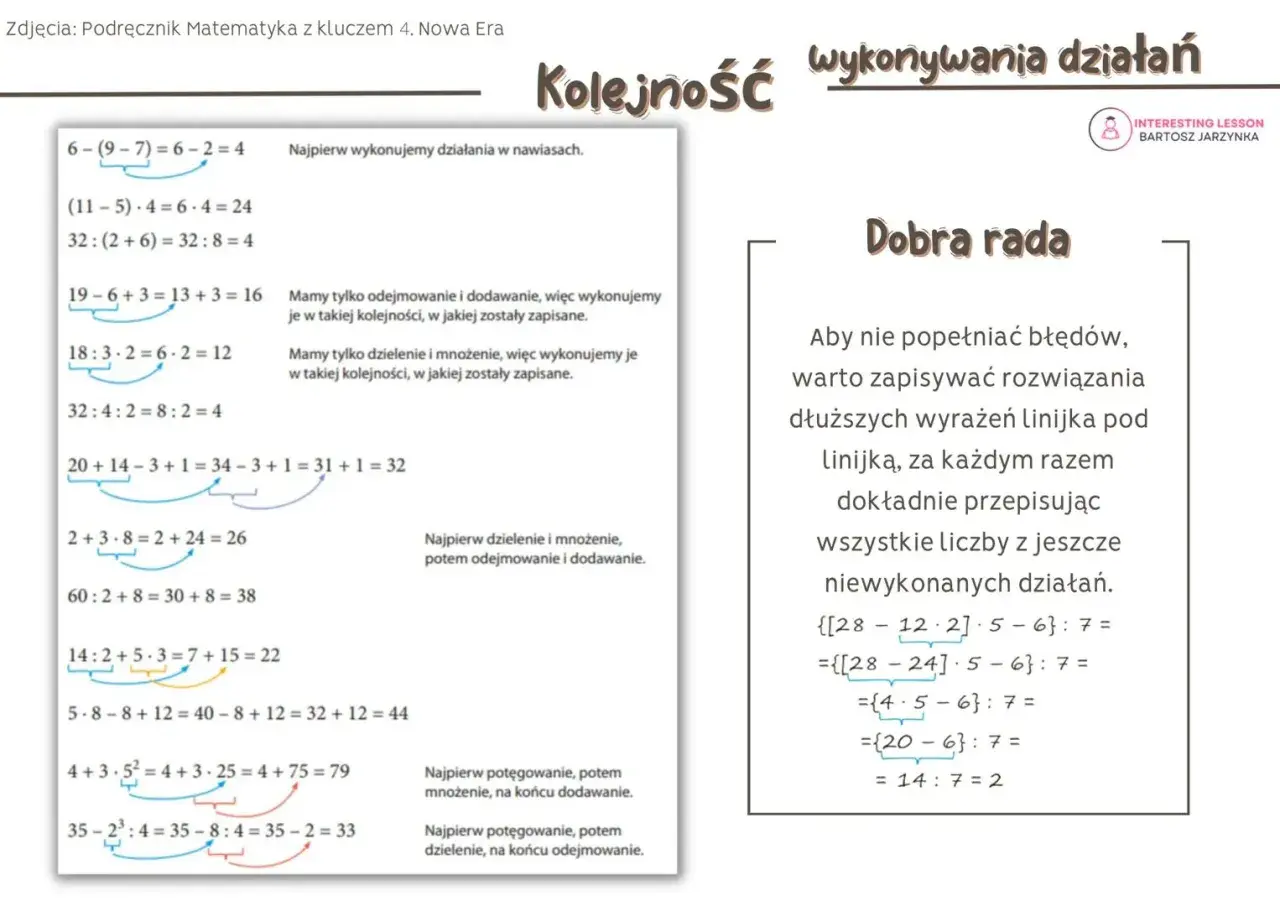 Matematyczne przykłady kolejności wykonywania działań z nawiasami i podpowiedzi.