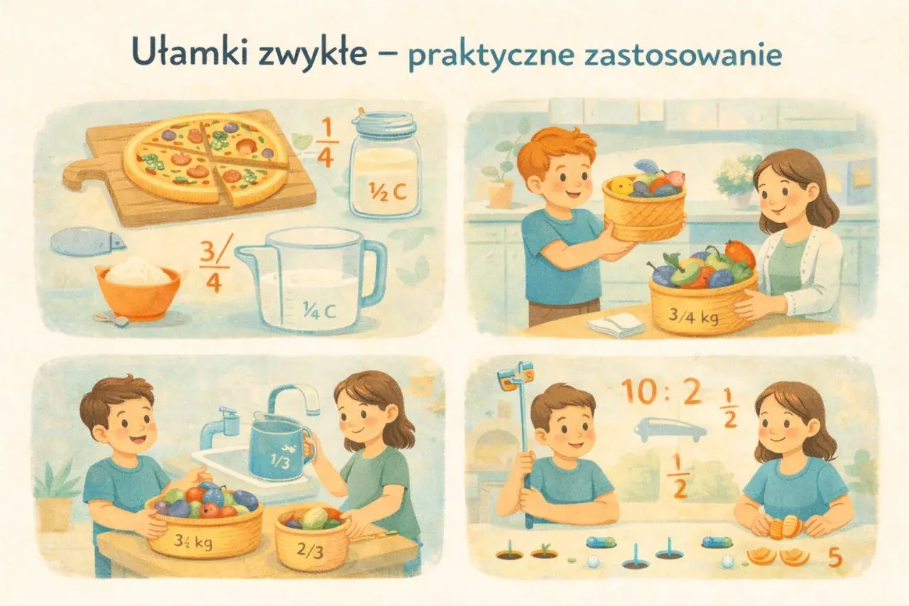 Ilustracja przedstawia dzieci i dorosłych używających ułamków w kuchni i ogrodzie, np. przy krojeniu pizzy, odmierzaniu składników i sadzeniu roślin.