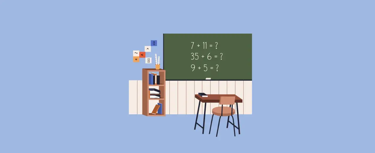 Ilustracja klasy z tablicą, na której zapisano działania matematyczne, biurkiem i regałem z książkami.