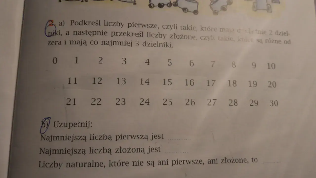 Tabela z liczbami od 0 do 30, z zaznaczonymi niektórymi liczbami.