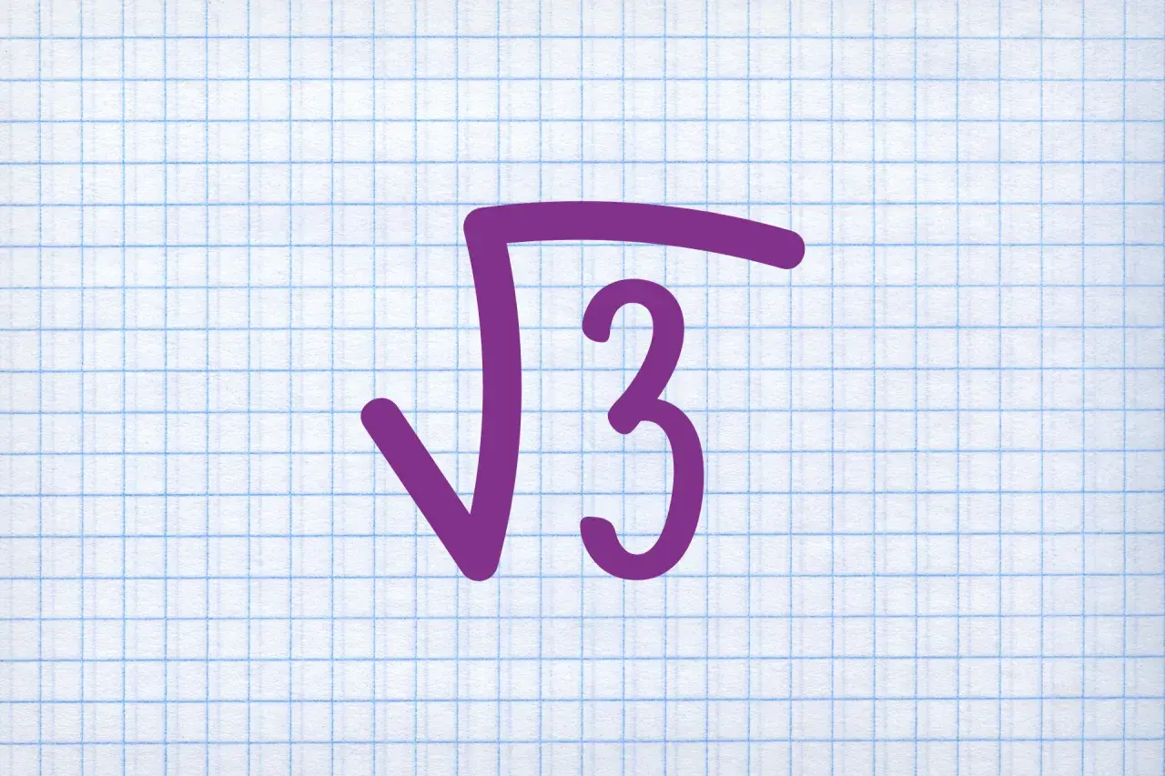 Fioletowy symbol pierwiastka z liczby 3 na kartce w kratkę.