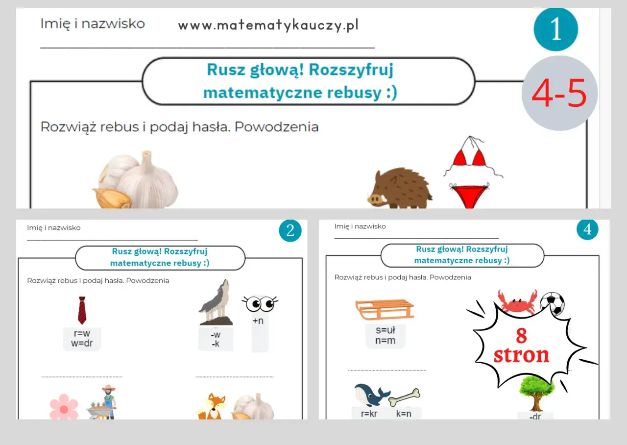 Grafika przedstawia matematyczne rebusy dla dzieci z elementami takimi jak czosnek, dzik, krawat, wilk, sanie, wieloryb i drzewo.