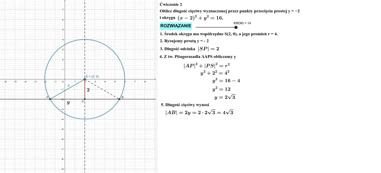 Okrąg z zaznaczonym środkiem S(2,0), promieniem r=4, cięciwą AB i prostą y=-2.