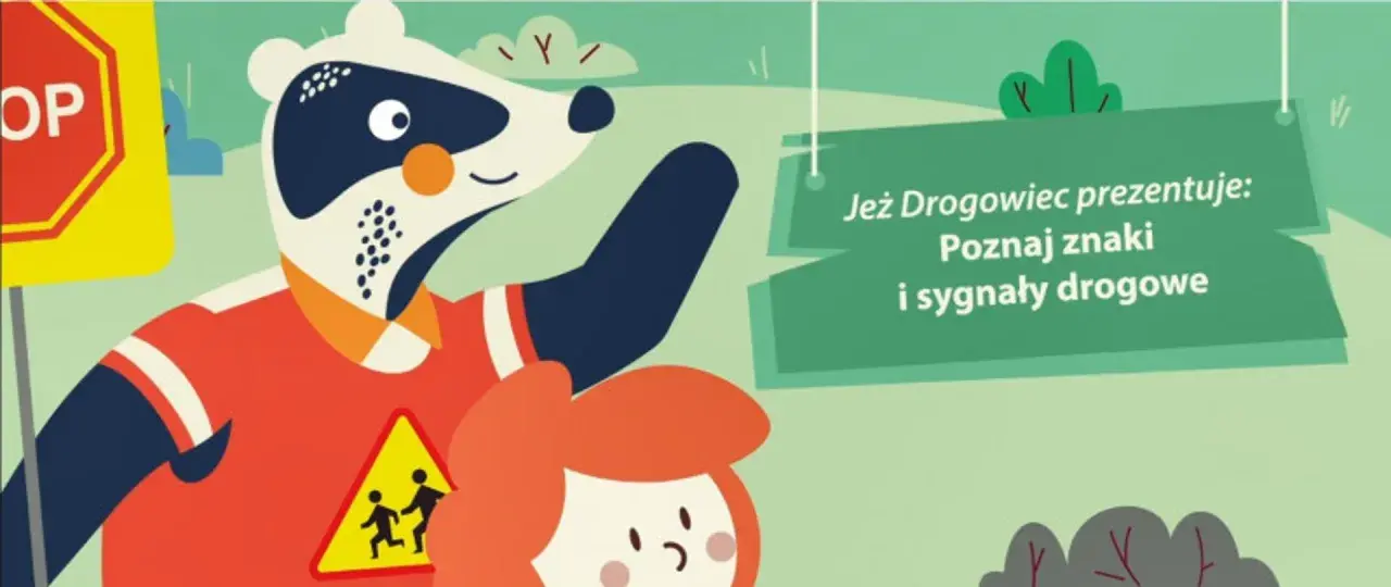 Jeż drogowiec w pomarańczowej kamizelce pokazuje znak ostrzegawczy z dziećmi i znak STOP.