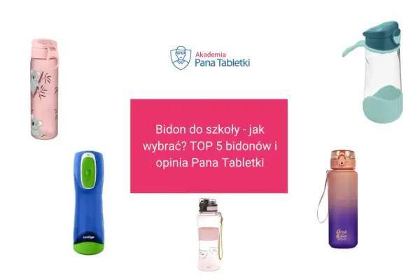 Pięć bidonów do szkoły: różowy z misiami, niebieski Contigo, przezroczysty z zielonym, przezroczysty z różową wstążką i gradientowy.