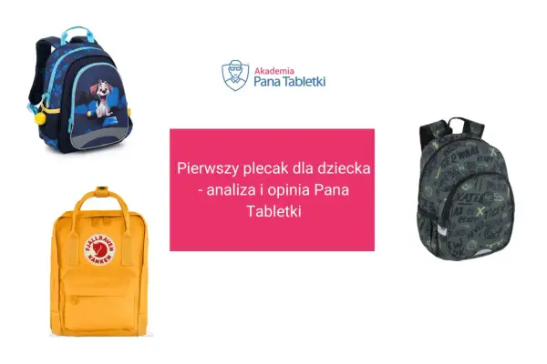 Trzy plecaki dziecięce: niebieski z pieskiem, żółty i zielony z napisami.